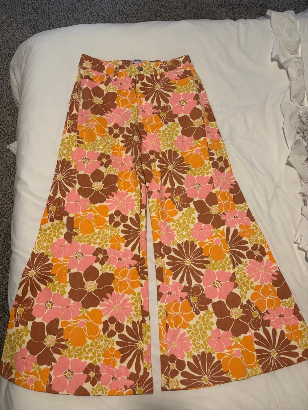 Show Me Your MuMu Floral Wide Leg Jeans in Pink, Orange & Brown